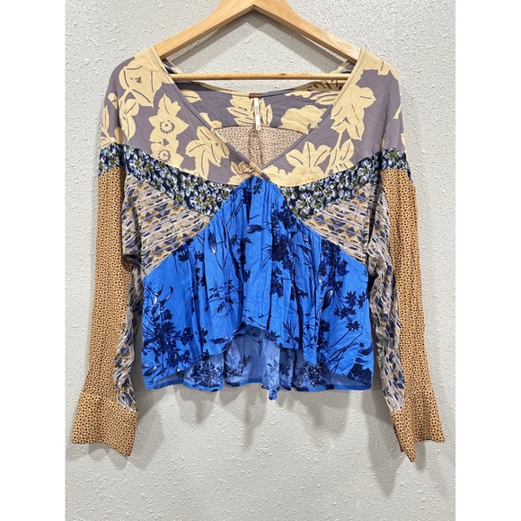 Free People Multi Print Long Sleeve Top Bohemian Hippie Tunic Medium - Picture 1 of 6